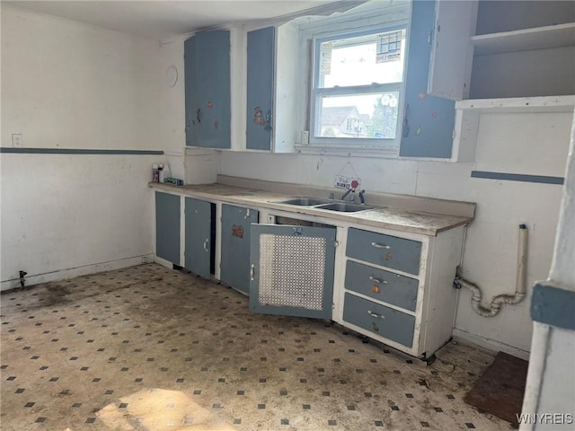 1306 E Lovejoy St, Buffalo, NY 14206 - kitchen featuring a sink, light countertops, open shelves, and blue cabinets