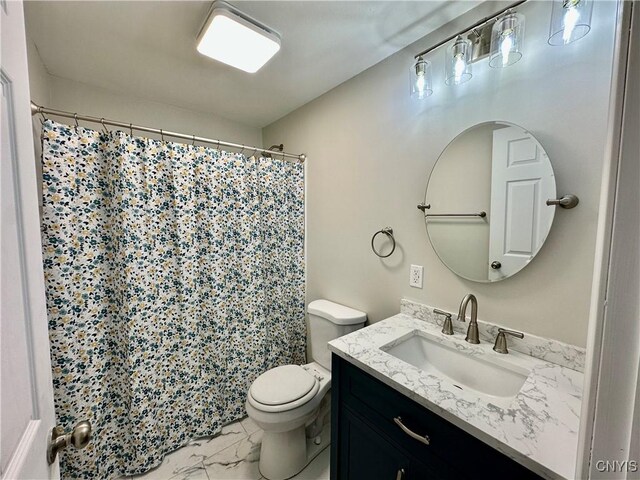8408A Shallowcreek Rd, Clay, NY 13090 - bathroom with marble look tile flooring, vanity, toilet, and a shower with curtain