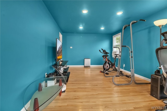 202 Tremaine Ave, Tonawanda-Town, NY 14217 - exercise area featuring wood finished floors, baseboards, and recessed lighting