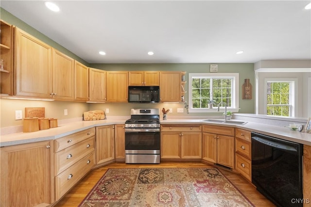 8105 Wilbarham Run, Pompey, NY 13104 - kitchen with black appliances, a sink, open shelves, light wood-style floors, and recessed lighting