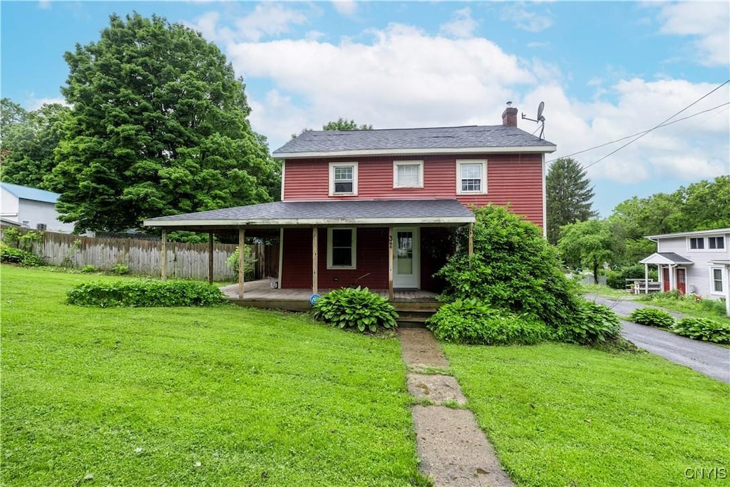 32 S Hamilton St, Elbridge, NY 13080 - country-style home featuring covered porch, a chimney, and a shingled roof