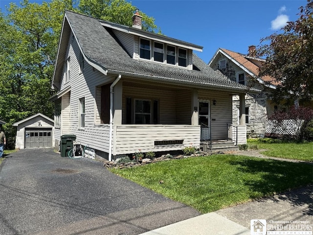 21 Juliet St, Jamestown, NY 14701 - bungalow-style home featuring an outbuilding, a detached garage, a chimney, covered porch, and a front yard