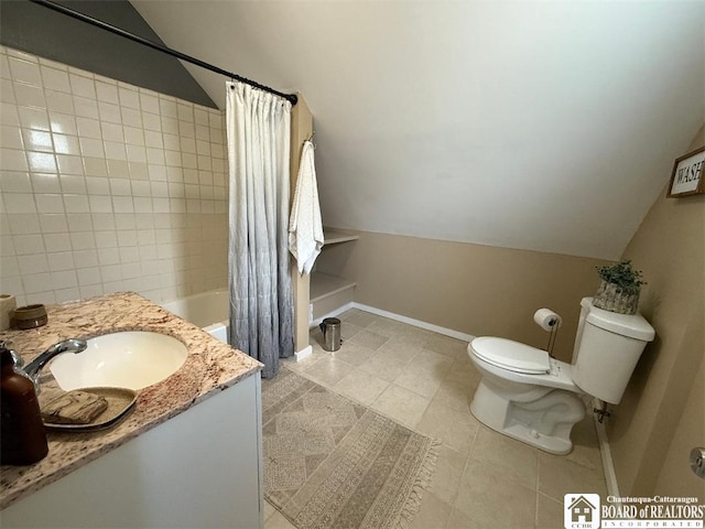 21 Juliet St, Jamestown, NY 14701 - full bath with toilet, lofted ceiling, vanity, tile patterned floors, and shower / tub combo