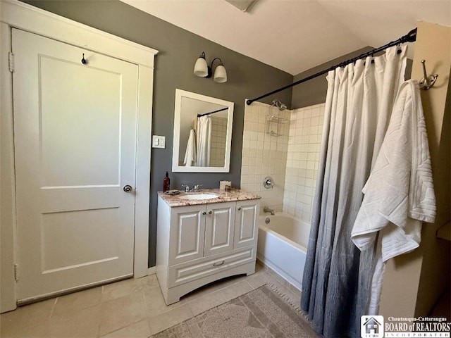 21 Juliet St, Jamestown, NY 14701 - bathroom with tile patterned flooring, shower / bath combination with curtain, and vanity