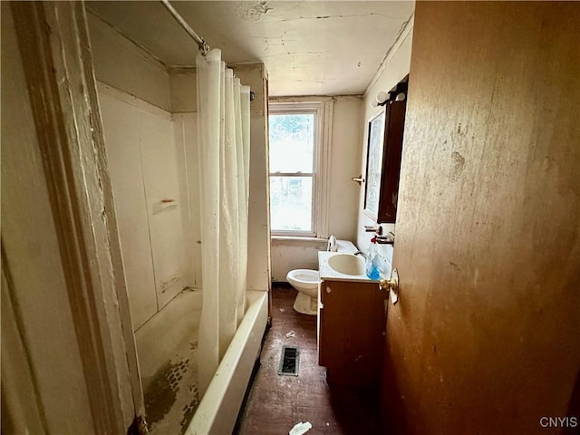 3628 S Salina St, Syracuse, NY 13205 - bathroom featuring toilet, vanity, and shower / bathtub combination with curtain