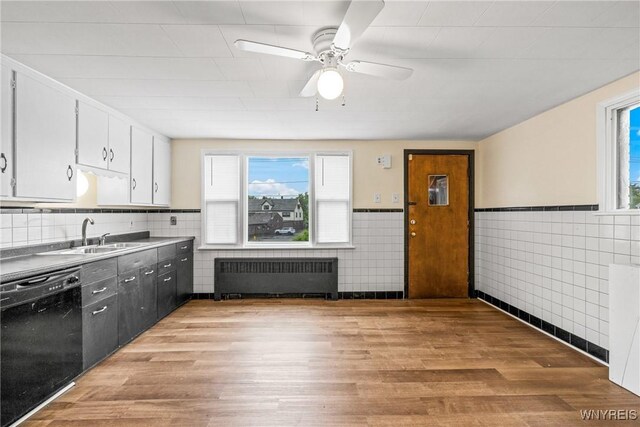 2365 Genesee St, Cheektowaga, NY 14225 - kitchen featuring radiator, dishwasher, a sink, tile walls, and light wood-type flooring