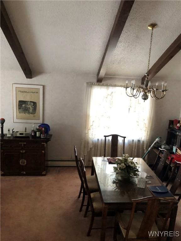 148 Marlin Rd, Grand Island, NY 14072 - dining room with beam ceiling, a chandelier, light carpet, a baseboard heating unit, and a textured ceiling