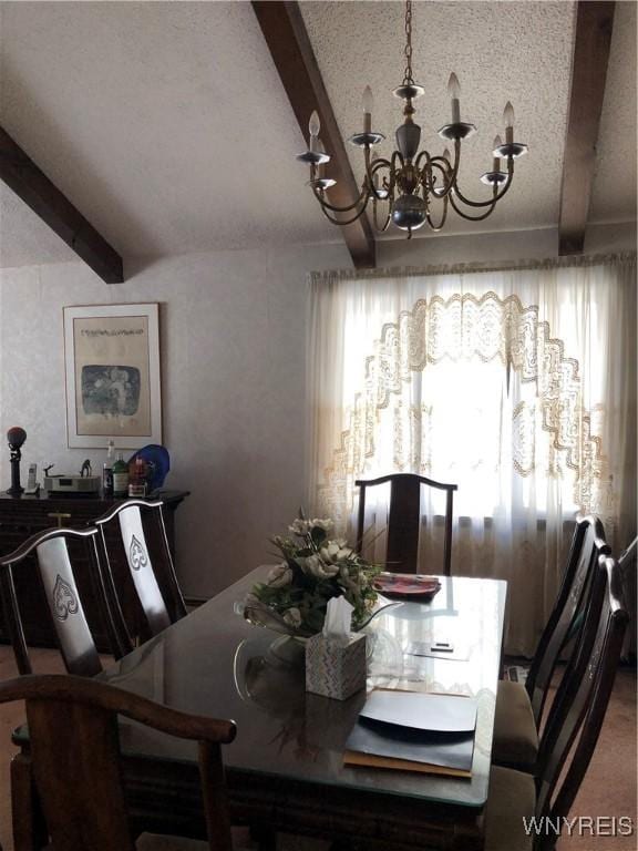 148 Marlin Rd, Grand Island, NY 14072 - carpeted dining room with beamed ceiling and a chandelier