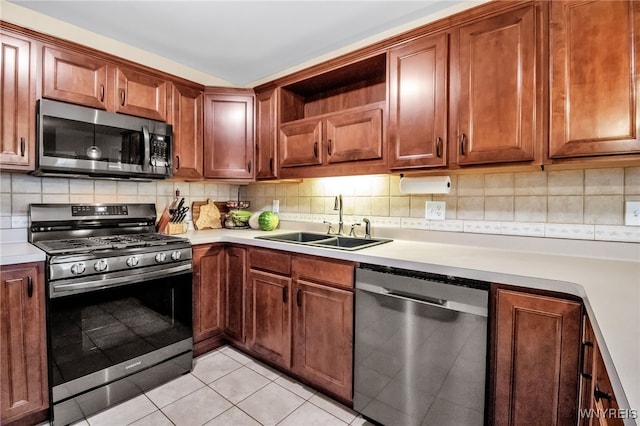 4343 Lockport Rd, Cambria, NY 14094 - kitchen featuring appliances with stainless steel finishes, a sink, open shelves, light tile patterned flooring, and light countertops