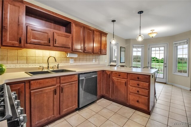 4343 Lockport Rd, Cambria, NY 14094 - kitchen featuring appliances with stainless steel finishes, open shelves, a peninsula, a sink, and light tile patterned floors