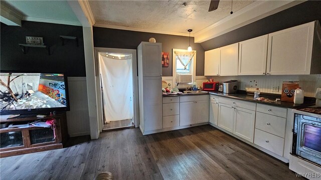 55 Lewis St, Buffalo, NY 14206 - kitchen featuring crown molding, white cabinets, dark countertops, wainscoting, and dark wood-style floors