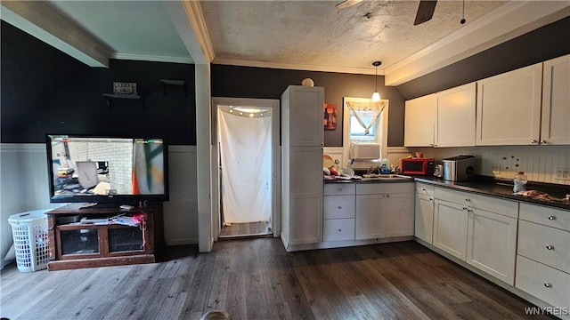 55 Lewis St, Buffalo, NY 14206 - kitchen with dark countertops, ornamental molding, wainscoting, a ceiling fan, and white cabinets
