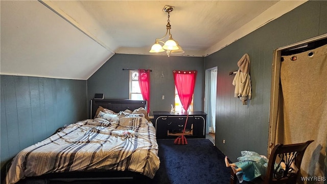 55 Lewis St, Buffalo, NY 14206 - bedroom featuring carpet flooring, wood walls, and vaulted ceiling
