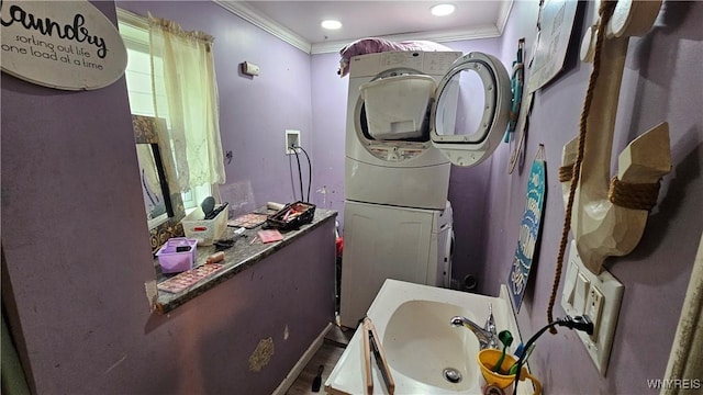 55 Lewis St, Buffalo, NY 14206 - bathroom with crown molding, washer / dryer, and vanity