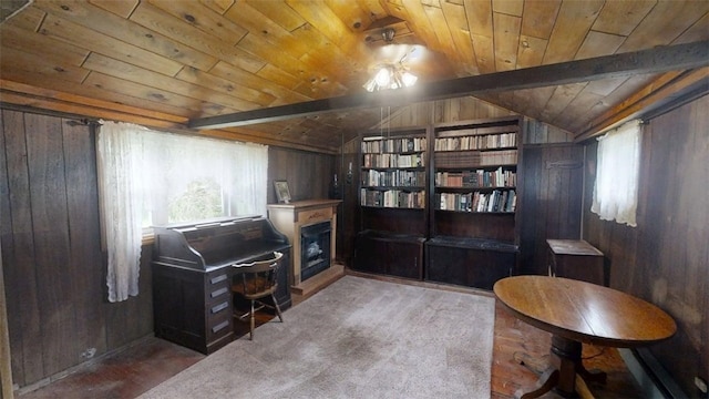 110 Furnace Hill Rd, Guilford, NY 13780 - living area featuring wooden ceiling, a fireplace, wood walls, healthy amount of natural light, and vaulted ceiling