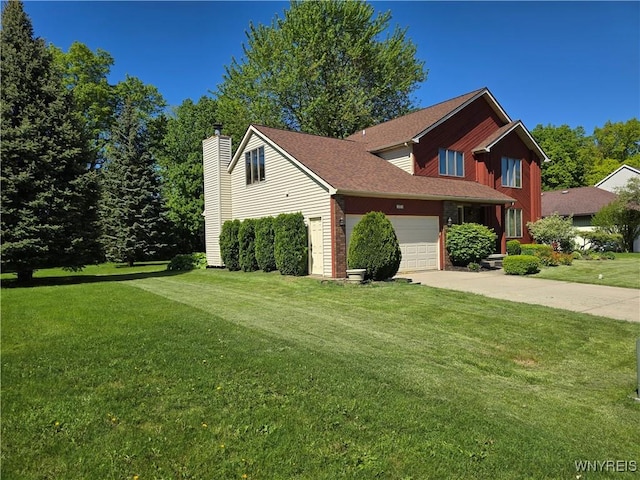 589 Briarwood Ln, Lewiston, NY 14092 - view of front facade featuring a front yard, concrete driveway, a chimney, and an attached garage