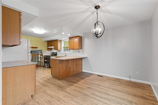 194 Citation Dr, Henrietta, NY 14467 - kitchen with stainless steel electric range oven, a peninsula, a sink, light countertops, and light wood-type flooring