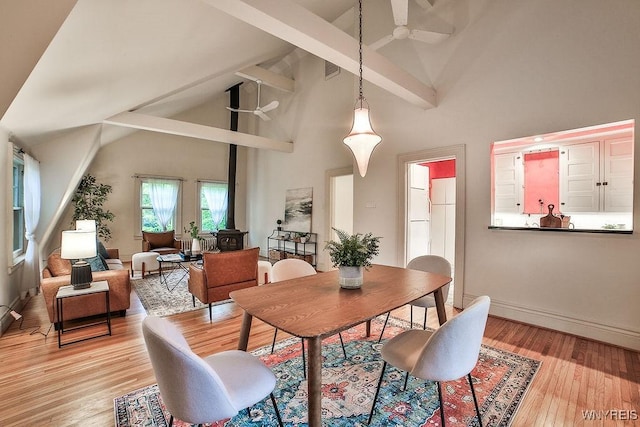 403 Elmwood Ave, Buffalo, NY 14222 - dining area with beamed ceiling, ceiling fan, light wood-style floors, high vaulted ceiling, and baseboards