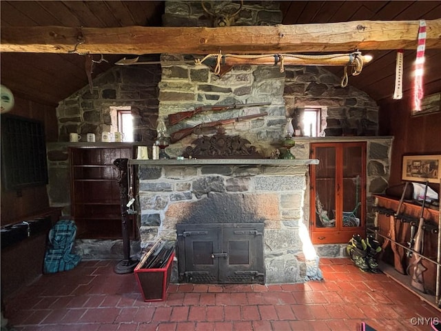1466 Grant Rd, Russia, NY 13324 - tiled living room featuring wooden ceiling and a fireplace