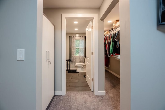25 San Mateo Rd, Chili, NY 14624 - hallway featuring carpet, recessed lighting, baseboards, and tile patterned flooring