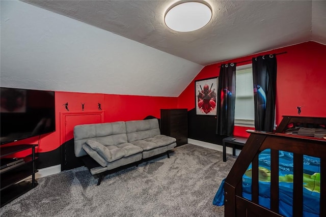 25 San Mateo Rd, Chili, NY 14624 - bedroom with vaulted ceiling, carpet floors, baseboards, and a textured ceiling