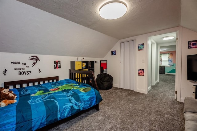 25 San Mateo Rd, Chili, NY 14624 - carpeted bedroom with a textured ceiling, vaulted ceiling, and baseboards