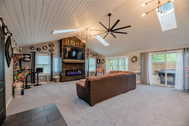25 San Mateo Rd, Chili, NY 14624 - carpeted living room featuring a skylight, vaulted ceiling, a fireplace, ceiling fan, and wooden ceiling