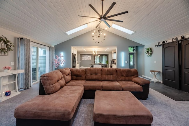 25 San Mateo Rd, Chili, NY 14624 - living room with a skylight, a chandelier, dark colored carpet, vaulted ceiling, and plenty of natural light