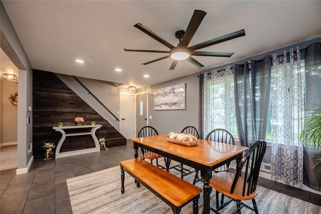 25 San Mateo Rd, Chili, NY 14624 - tiled dining area with a ceiling fan, recessed lighting, stairway, and baseboards