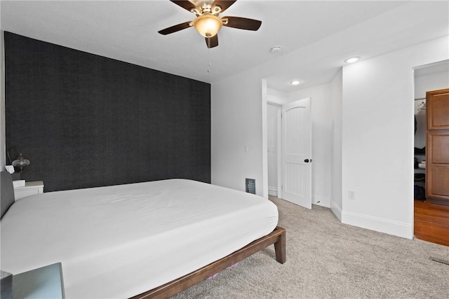 224 Lyell Ave, Ogden, NY 14559 - bedroom featuring carpet floors, baseboards, recessed lighting, and a ceiling fan