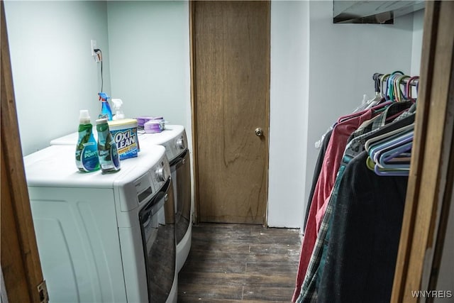 7401 Seneca St, Elma, NY 14052 - laundry area with separate washer and dryer and dark wood-style flooring