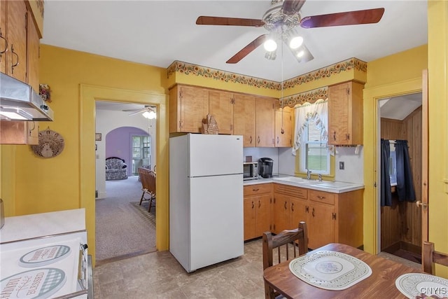 329 Hazelhurst Ave, Syracuse, NY 13206 - kitchen with freestanding refrigerator, ceiling fan, light countertops, and plenty of natural light