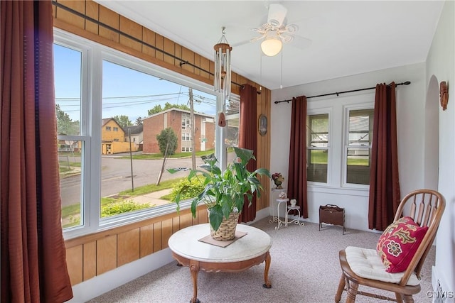 329 Hazelhurst Ave, Syracuse, NY 13206 - living area with ceiling fan, carpet floors, and wood walls