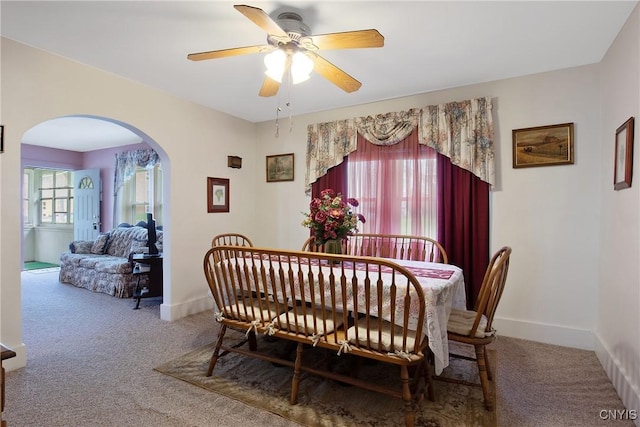 329 Hazelhurst Ave, Syracuse, NY 13206 - dining space with carpet floors, arched walkways, a ceiling fan, and baseboards