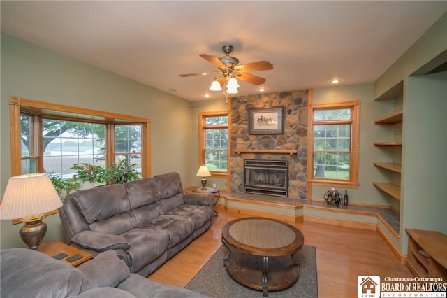 10280 Christy Rd, Sheridan, NY 14063 - living area with a ceiling fan, wood finished floors, a fireplace, recessed lighting, and baseboards