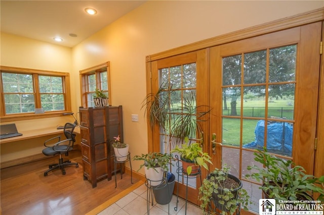 10280 Christy Rd, Sheridan, NY 14063 - office area with recessed lighting, french doors, and light wood-style flooring