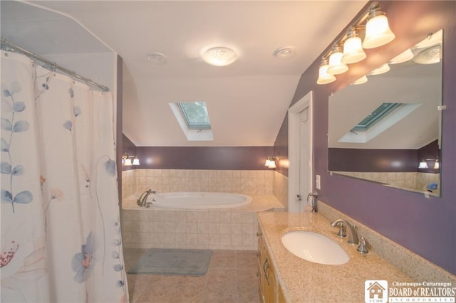 10280 Christy Rd, Sheridan, NY 14063 - full bath featuring a skylight, a bath, vanity, lofted ceiling, and a shower with shower curtain
