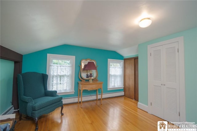 10280 Christy Rd, Sheridan, NY 14063 - living area featuring wood finished floors, a baseboard radiator, lofted ceiling, and plenty of natural light