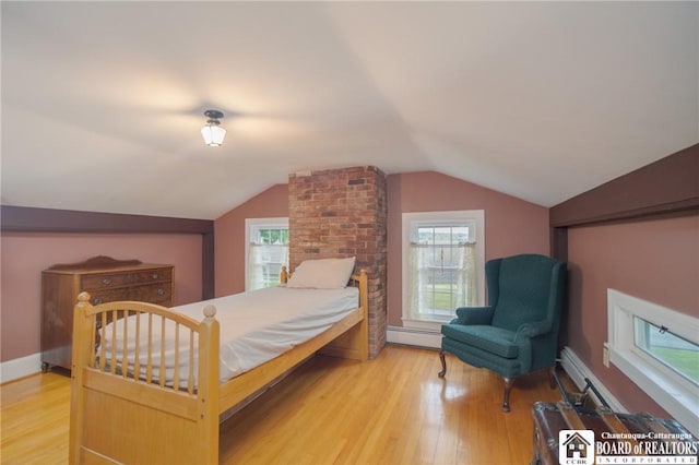 10280 Christy Rd, Sheridan, NY 14063 - bedroom with a baseboard radiator, light wood finished floors, lofted ceiling, and multiple windows