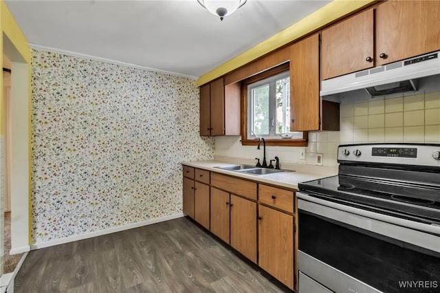 7514 Stephenson Ave, Niagara Falls, NY 14304 - kitchen with electric stove, under cabinet range hood, a sink, light countertops, and dark wood-style floors