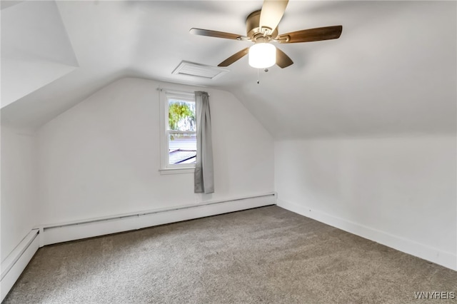 7514 Stephenson Ave, Niagara Falls, NY 14304 - bonus room featuring carpet flooring, a baseboard heating unit, lofted ceiling, a ceiling fan, and baseboards