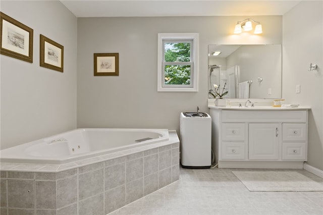482 Marsh Rd, Pittsford, NY 14534 - full bathroom with vanity, a whirlpool tub, washer / dryer, and tile patterned flooring