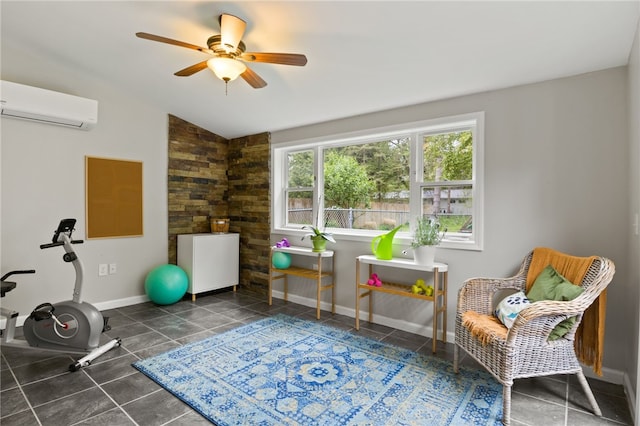 482 Marsh Rd, Pittsford, NY 14534 - exercise room with a wall mounted AC, a ceiling fan, vaulted ceiling, tile patterned floors, and baseboards