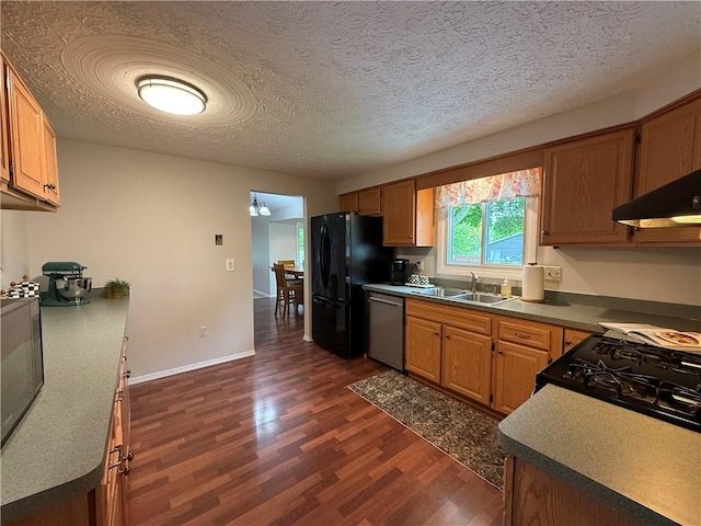 300 Amy Ln, Clarkson, NY 14420 - kitchen featuring black appliances, a sink, dark wood-style floors, a textured ceiling, and baseboards