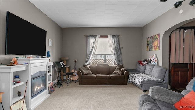 35 Duerstein St, Buffalo, NY 14210 - carpeted living area featuring arched walkways and a glass covered fireplace
