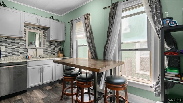 35 Duerstein St, Buffalo, NY 14210 - kitchen with stainless steel dishwasher, tasteful backsplash, dark wood-style flooring, ornamental molding, and light stone countertops