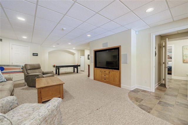 72 Meadow Cove Rd, Pittsford, NY 14534 - living room featuring arched walkways, recessed lighting, a drop ceiling, and baseboards