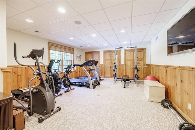 72 Meadow Cove Rd, Pittsford, NY 14534 - workout area featuring wooden walls, a wainscoted wall, carpet floors, and recessed lighting