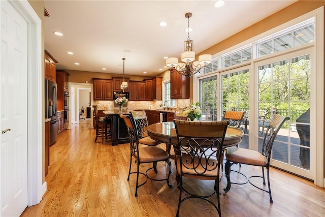 72 Meadow Cove Rd, Pittsford, NY 14534 - dining room featuring recessed lighting, a chandelier, and light wood-style flooring