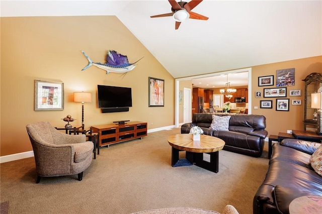 72 Meadow Cove Rd, Pittsford, NY 14534 - living area featuring light colored carpet, a chandelier, baseboards, ceiling fan, and high vaulted ceiling